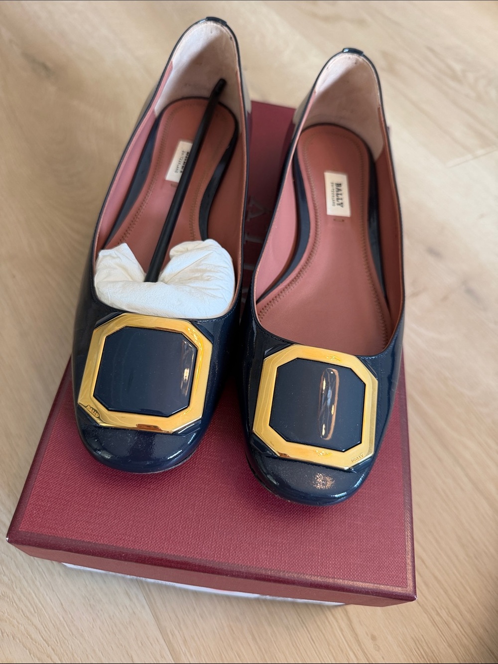 Bally Navy Lamb Patent Leather Square-Buckle Flats